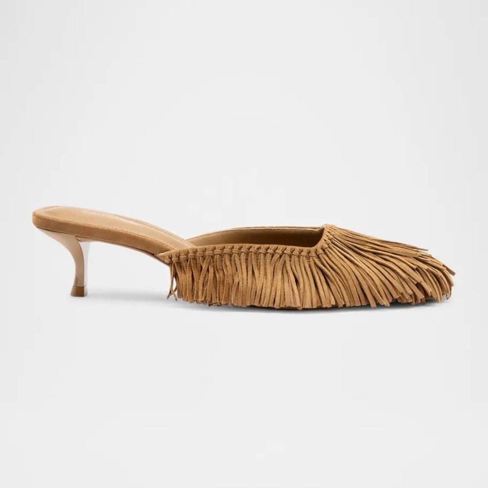 Larroude Tan Suede Fringed Kitten Heel Mule - Picture 2 of 16